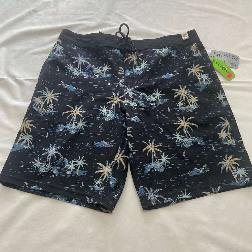 REPREVE Mens Swim Trunks Board Shorts Black Palm Tree‎ Print Size 32 New w Tags